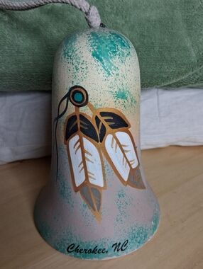 Cherokee North Carolina Hand-Painted Bell in Teal and White 7"